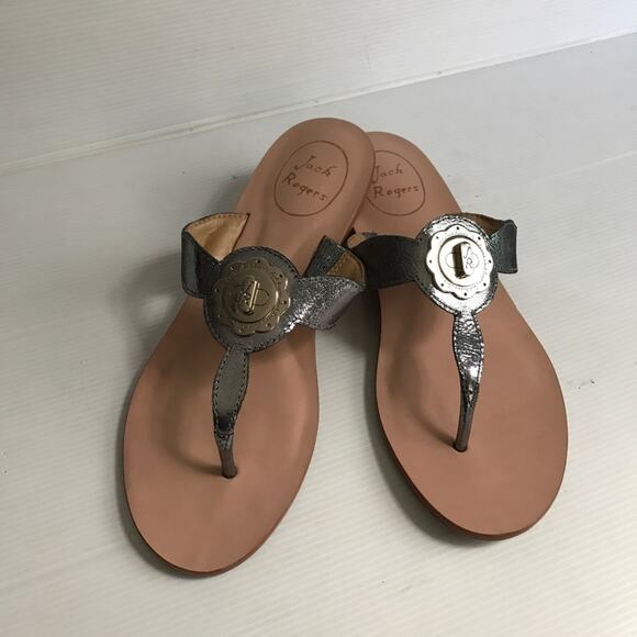 JACK ROGERS Sandals Womens Size 6 Larissa THONG flat metallic black & silver - Picture 1 of 6